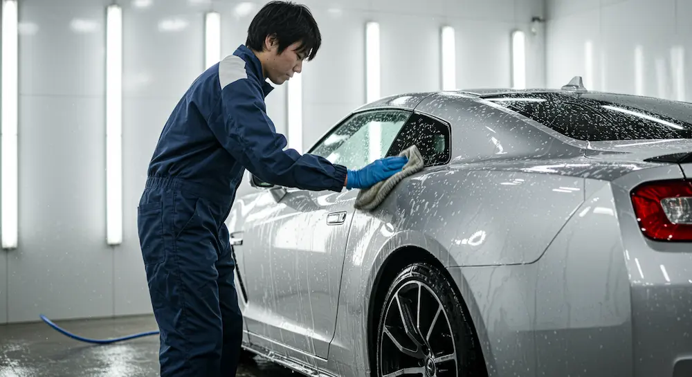 プロの作業員がスポーツカーを洗車している