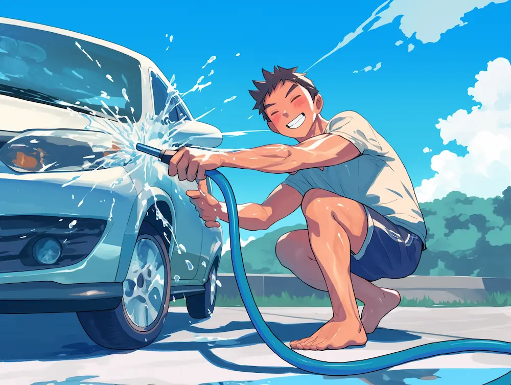 男性が白い車を洗車している