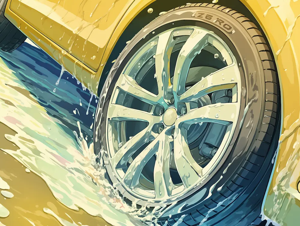 車のホイールが洗われて濡れている
