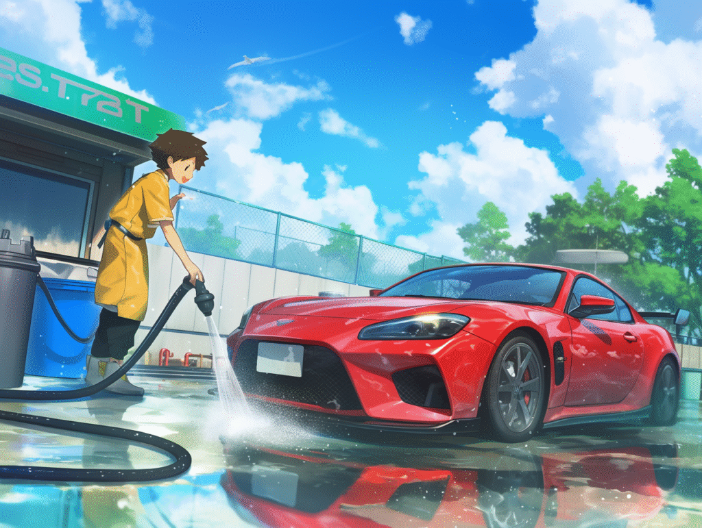 外で洗車をしているアニメ
