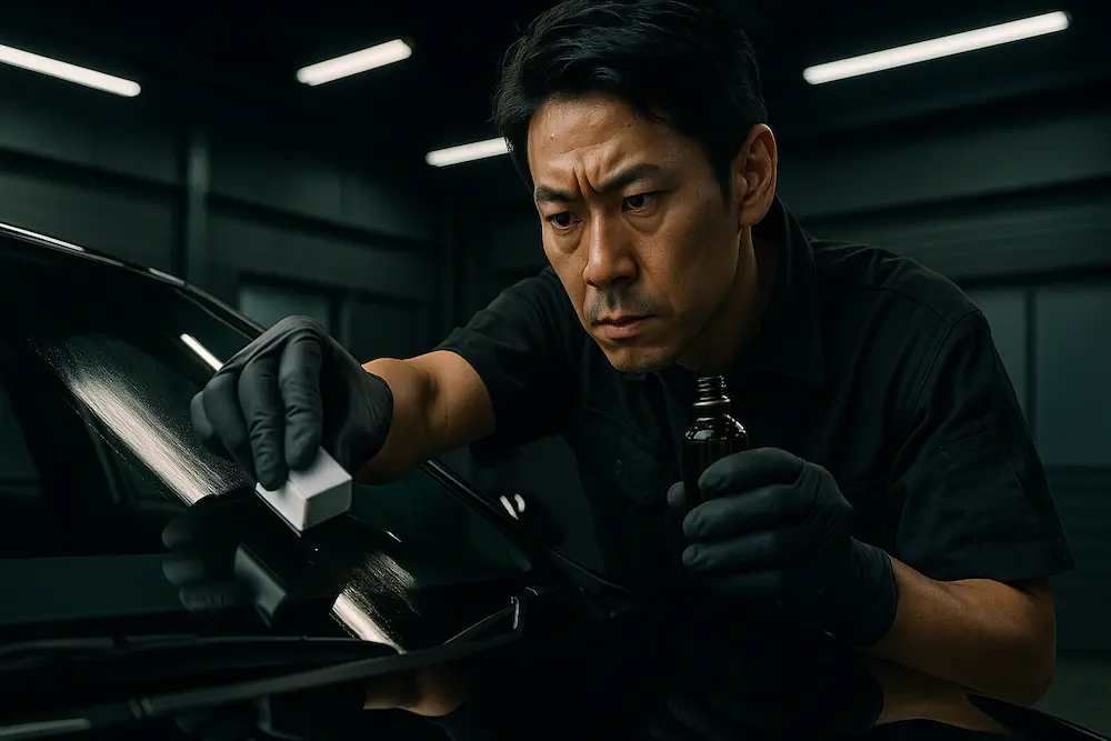 職人がフロントガラスにコーティングをしている