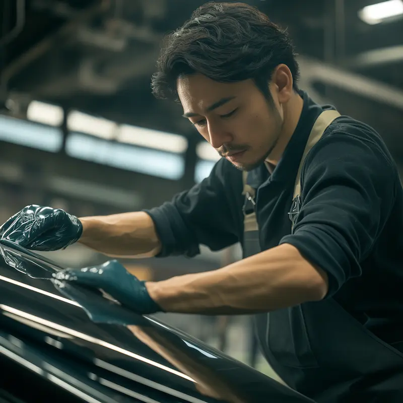 職人がフロントガラスにコーティングをしている