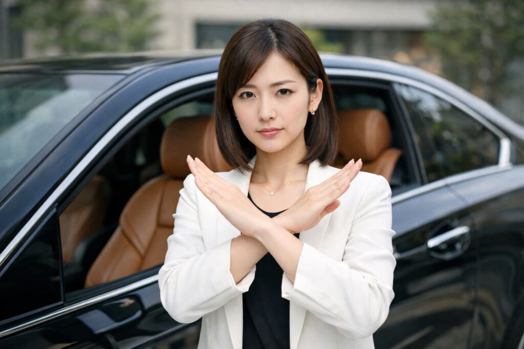 女性が車の前で×マーク