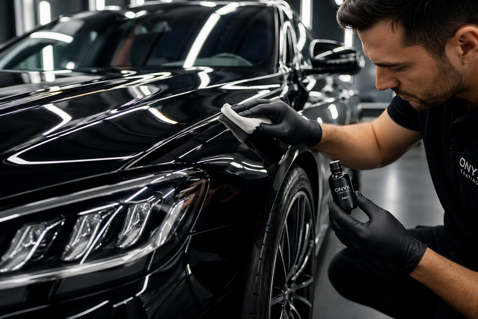 カーコーティング施工中のプロが磨く様子