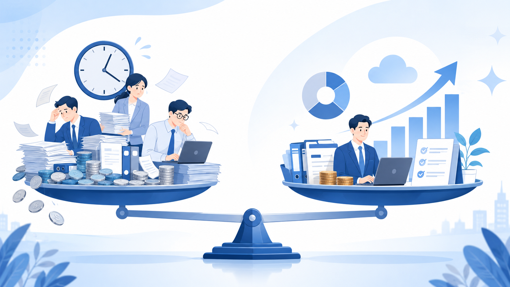 見えない社内コストを見える投資に置き換える費用対効果のイラスト