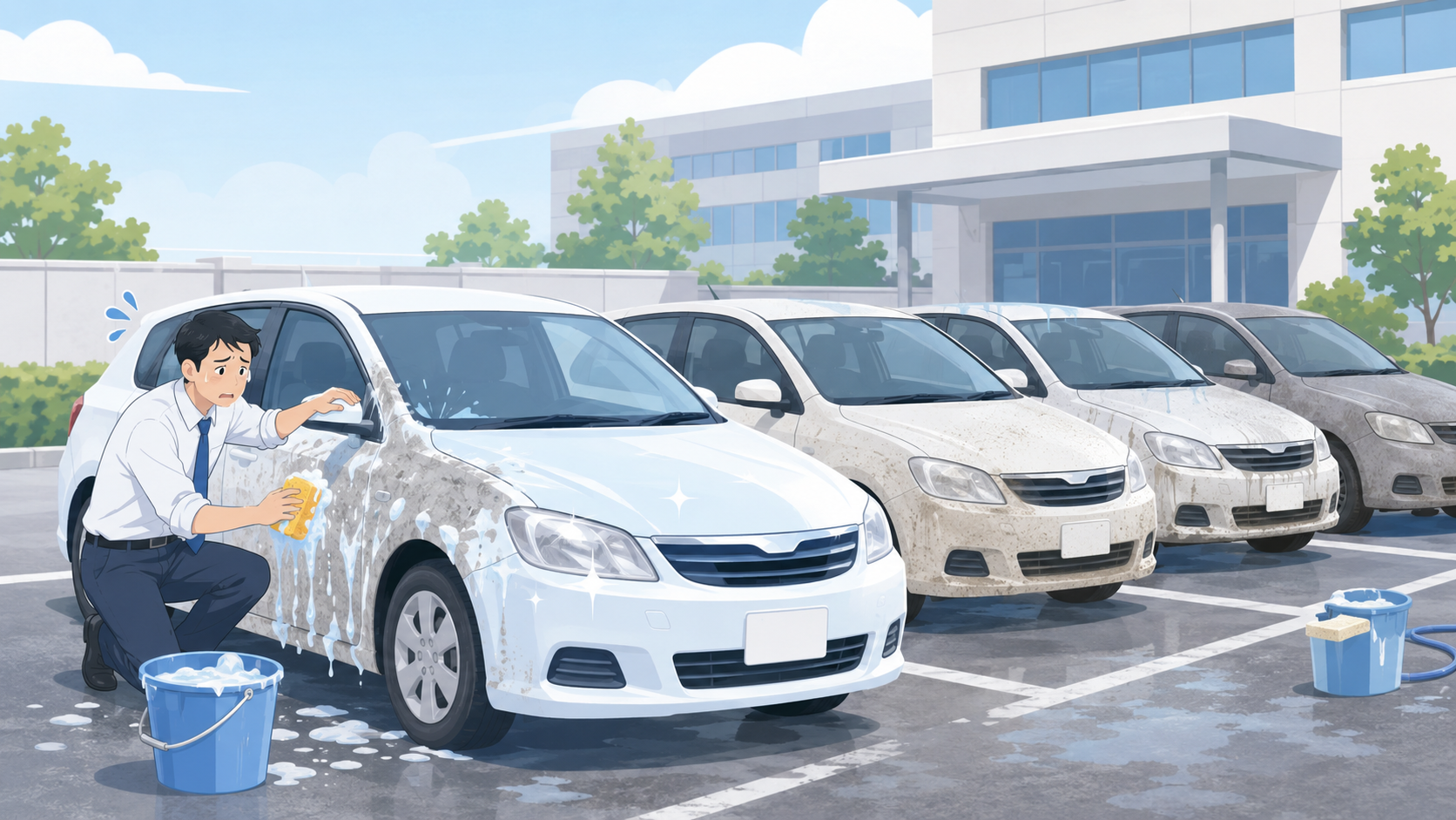 社内洗車が属人化し品質がバラバラで困っている様子のイラスト