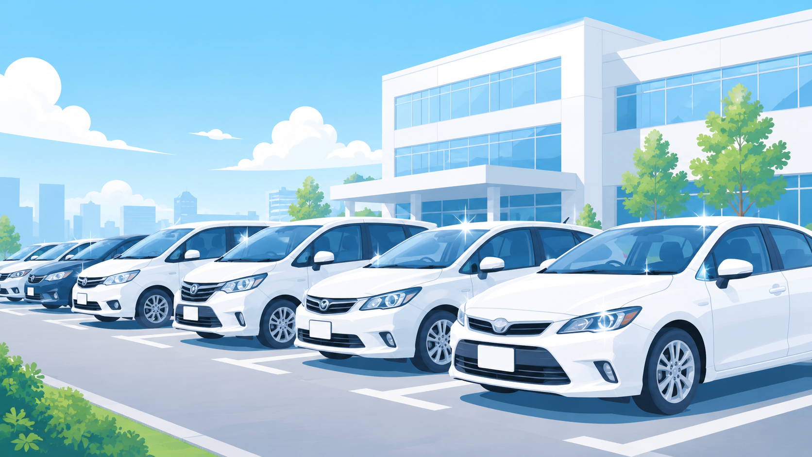きれいに整列した社用車・営業車のイラスト(走る会社の名刺)