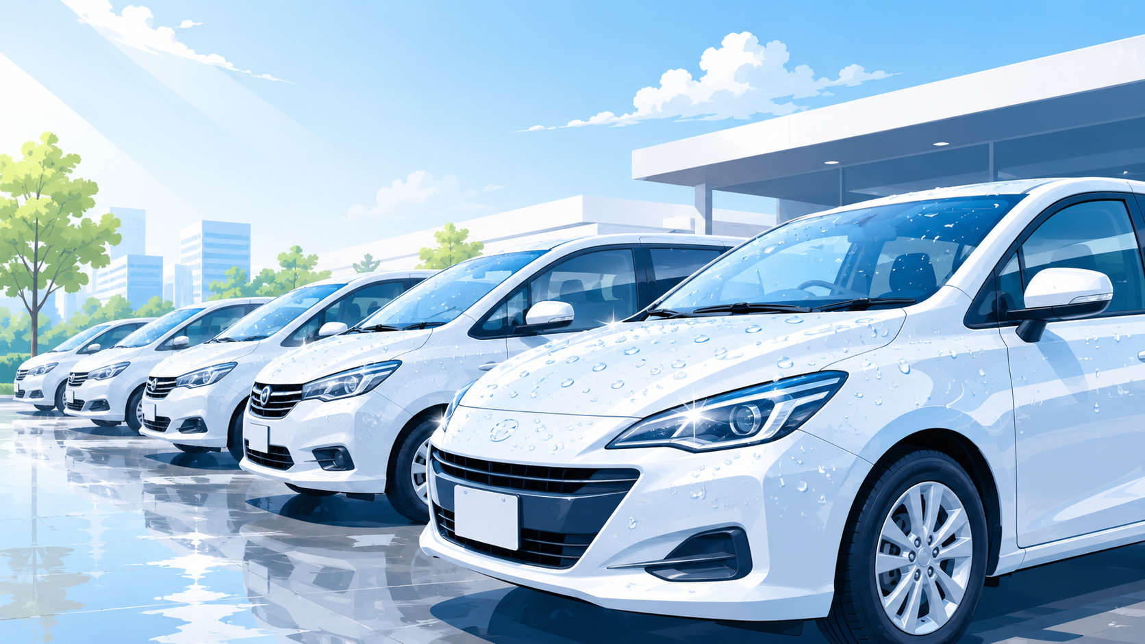 プロが施工し全車両が同じ品質でツヤツヤになった社用車のイラスト