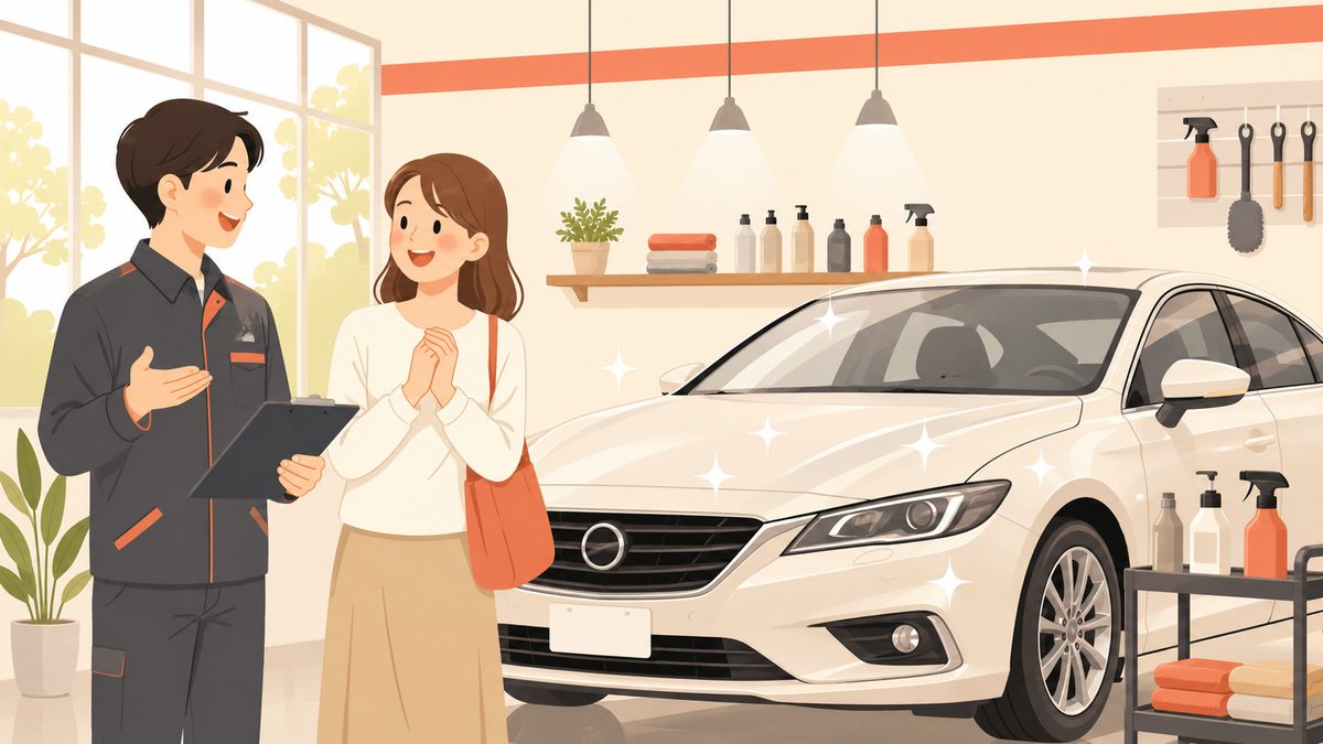 専門店で笑顔で相談する様子のイラスト