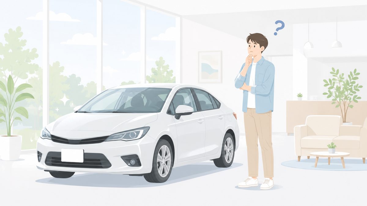 新車購入時にコーティングをするか迷う人のイラスト