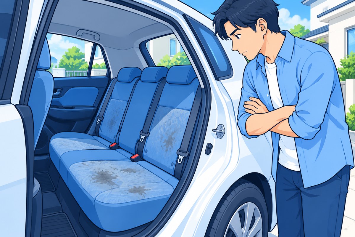 汚れたシートを見て困っている運転手のイラスト(車内クリーニングの料金が分からず悩む場面)