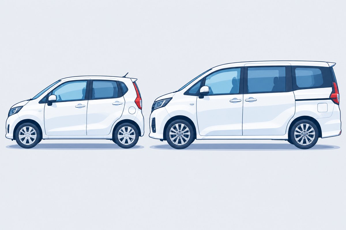 軽自動車とミニバンを並べたイラスト(車の大きさで車内クリーニングの料金が変わる)