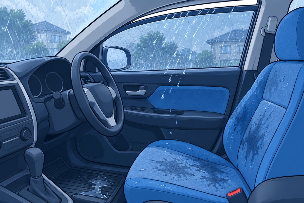 窓が開いた車内に雨が吹き込むイラスト(雨水が入った車内のカビ・臭い対策)