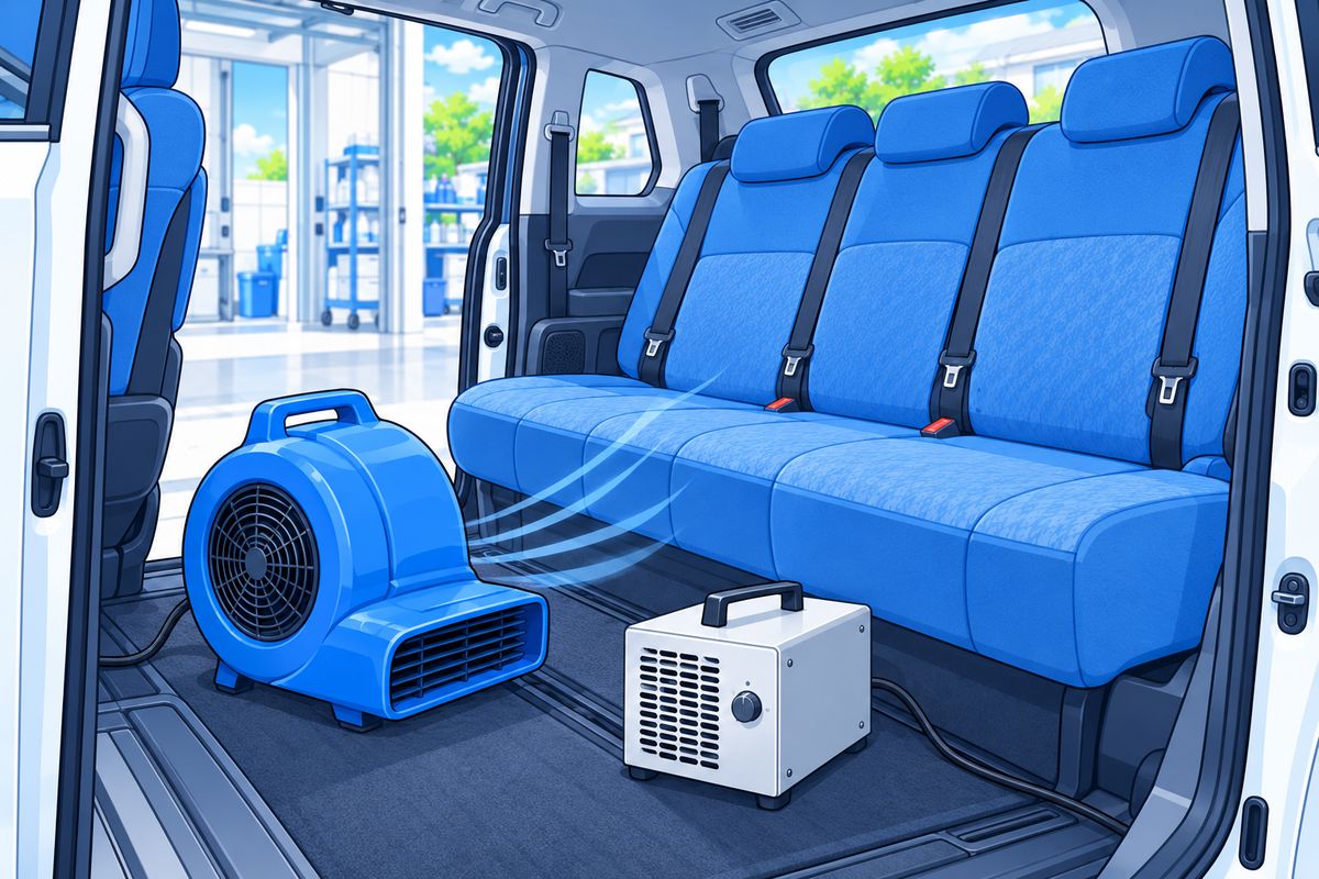乾燥・オゾン消臭の機材が置かれた車内(RIDの車内クリーニング)